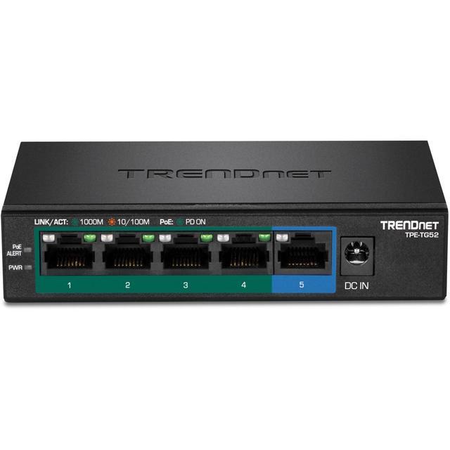 TRENDnet 5-Port Gigabit PoE+ Switch 32W PoE Power Budget 10Gbps Switching Capacity IEEE 802.1p QoS DSCP Pass-Through Support Fanless Wall Mountable Lifetime Protection Black TPE-TG52