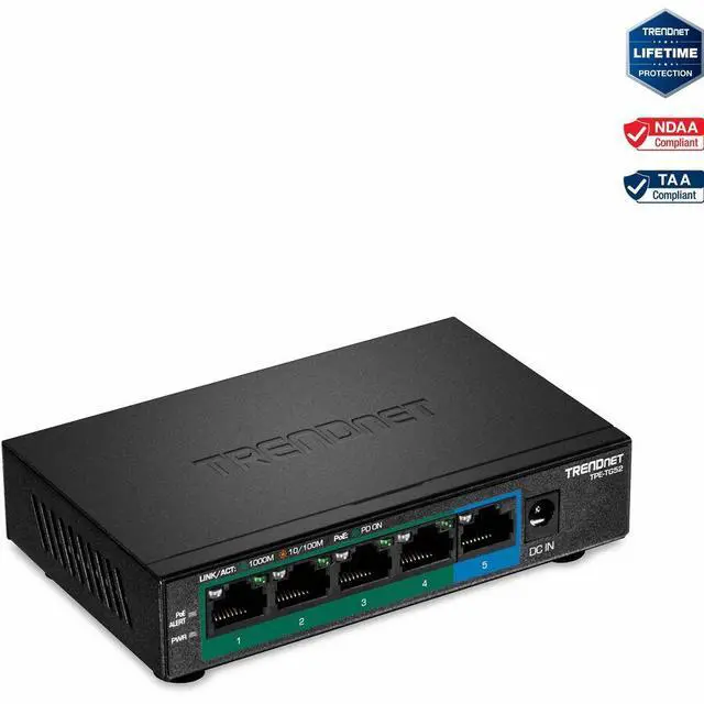 TRENDnet 5-Port Gigabit PoE+ Switch 32W PoE Power Budget 10Gbps Switching Capacity IEEE 802.1p QoS DSCP Pass-Through Support Fanless Wall Mountable Lifetime Protection Black TPE-TG52