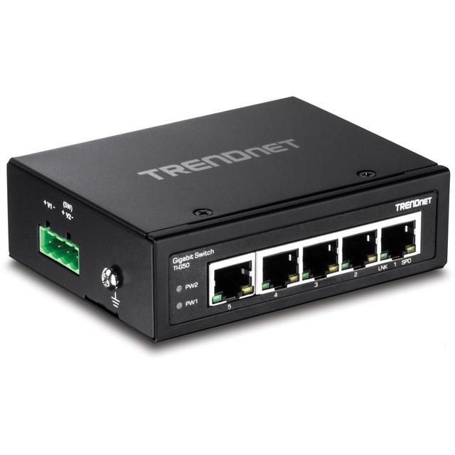 TRENDnet 5-Port Hardened Industrial Gigabit DIN-Rail Switch TI-G50 10 Gbps IP50 Rated Ethernet Splitter NDAA & TAA Compliant DIN-Rail And Wall Mounts Included Lifetime Protection Black