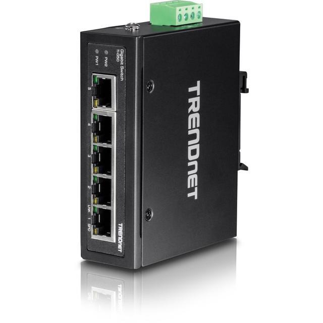 TRENDnet 5-Port Hardened Industrial Gigabit DIN-Rail Switch TI-G50 10 Gbps IP50 Rated Ethernet Splitter NDAA & TAA Compliant DIN-Rail And Wall Mounts Included Lifetime Protection Black