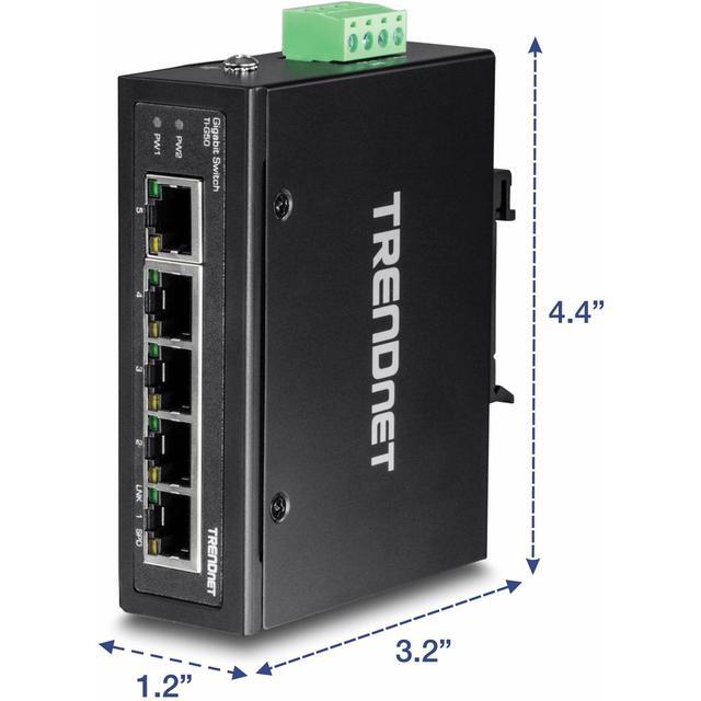 TRENDnet 5-Port Hardened Industrial Gigabit DIN-Rail Switch TI-G50 10 Gbps IP50 Rated Ethernet Splitter NDAA & TAA Compliant DIN-Rail And Wall Mounts Included Lifetime Protection Black
