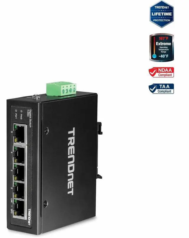 TRENDnet 5-Port Hardened Industrial Gigabit DIN-Rail Switch TI-G50 10 Gbps IP50 Rated Ethernet Splitter NDAA & TAA Compliant DIN-Rail and Wall Mounts Included Lifetime Protection Black
