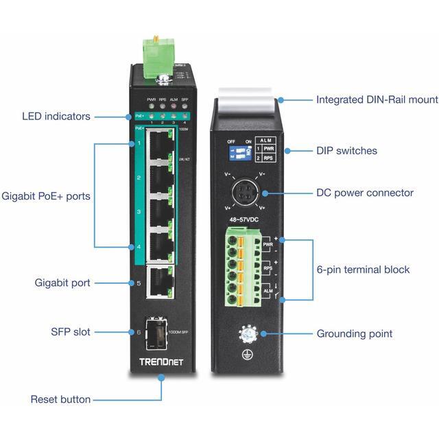 TRENDnet 5-Port Hardened Industrial Gigabit PoE+ DIN-Rail Unmanaged Switch TI-PG541