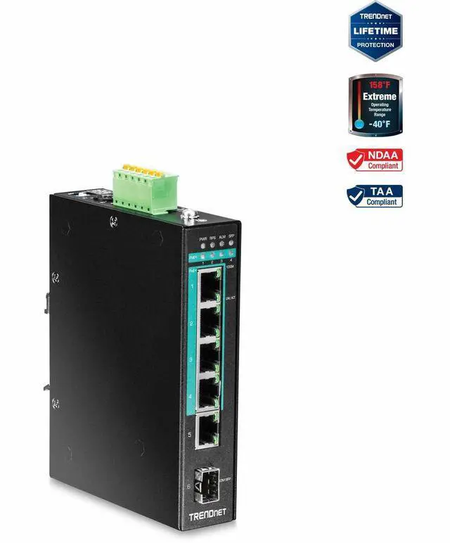 TRENDnet 5-Port Hardened Industrial Gigabit PoE+ DIN-Rail Unmanaged Switch TI-PG541
