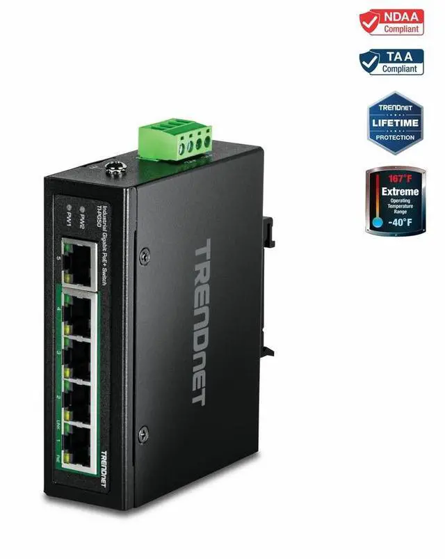 TRENDnet 5-Port Hardened Industrial Unmanaged Gigabit Switch TI-PG50 10/100/1000Mbps DIN-Rail Switch 4 x Gigabit PoE+ Ports 1 x Gigabit Port Gigabit Ethernet Network Switch