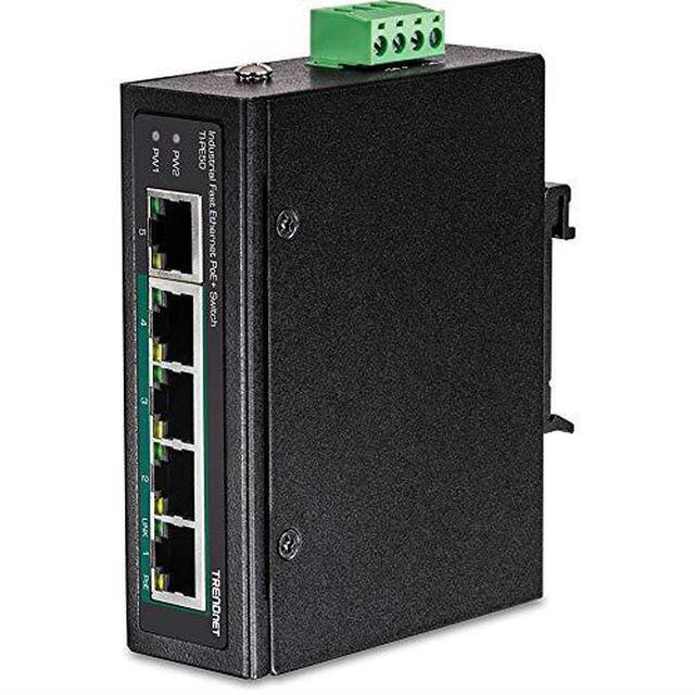 TRENDnet 5-Port Industrial Fast Ethernet DIN-Rail Switch 4 X Fast Ethernet PoE+ Ports 1 X Fast Ethernet Port 90W PoE Power Budget DIN-Rail IP30 Rated Black TI-PE50