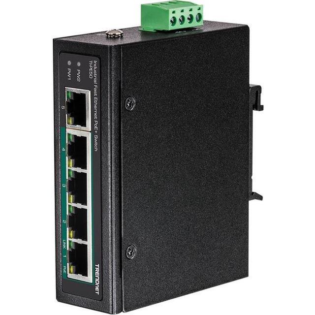 TRENDnet 5-Port Industrial Fast Ethernet DIN-Rail Switch 4 X Fast Ethernet PoE+ Ports 1 X Fast Ethernet Port 90W PoE Power Budget DIN-Rail IP30 Rated Black TI-PE50
