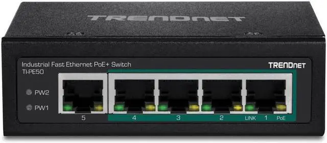 TRENDnet 5-Port Industrial Fast Ethernet DIN-Rail Switch 4 x Fast Ethernet PoE+ Ports 1 x Fast Ethernet Port 90W PoE Power Budget DIN-Rail IP30 Rated Black TI-PE50