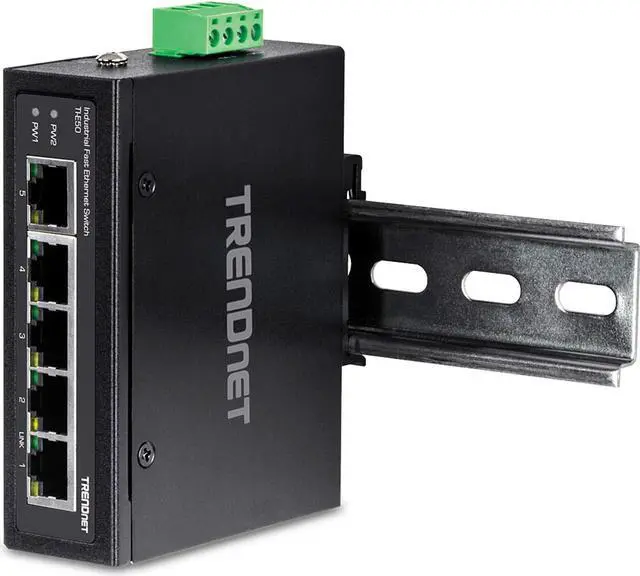 TRENDnet 5-Port Industrial Fast Ethernet DIN-Rail Switch TI-E50 5 x Fast Ethernet Ports IP50 Rated Extreme Temperature Operating Range 1Gbps Switching Capacity Lifetime Protection