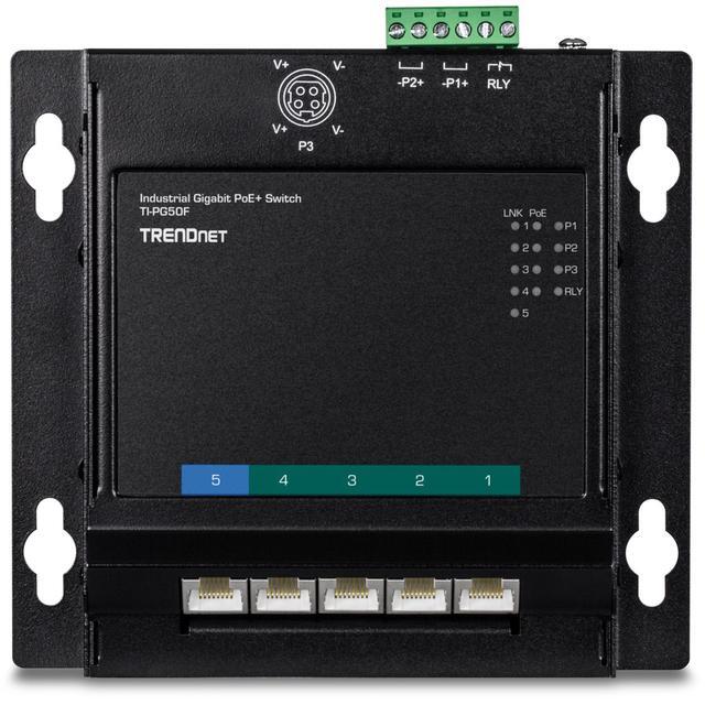 TRENDnet 5-Port Industrial Gigabit PoE+ Wall-Mounted Front Access Switch 5X Gigabit PoE+ Ports DIN-Rail Mount 48 -57V DC Power Input IP30 120W PoE Budget TI-PG50F