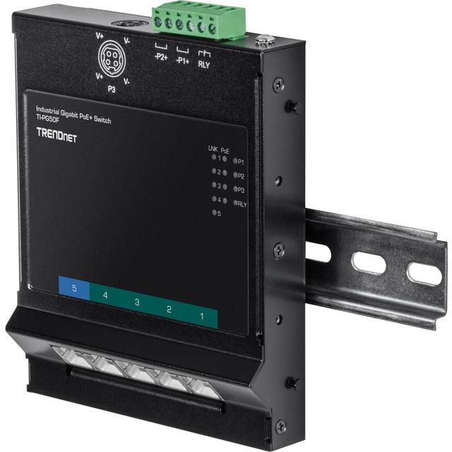 TRENDnet 5-Port Industrial Gigabit PoE+ Wall-Mounted Front Access Switch 5X Gigabit PoE+ Ports DIN-Rail Mount 48 -57V DC Power Input IP30 120W PoE Budget TI-PG50F