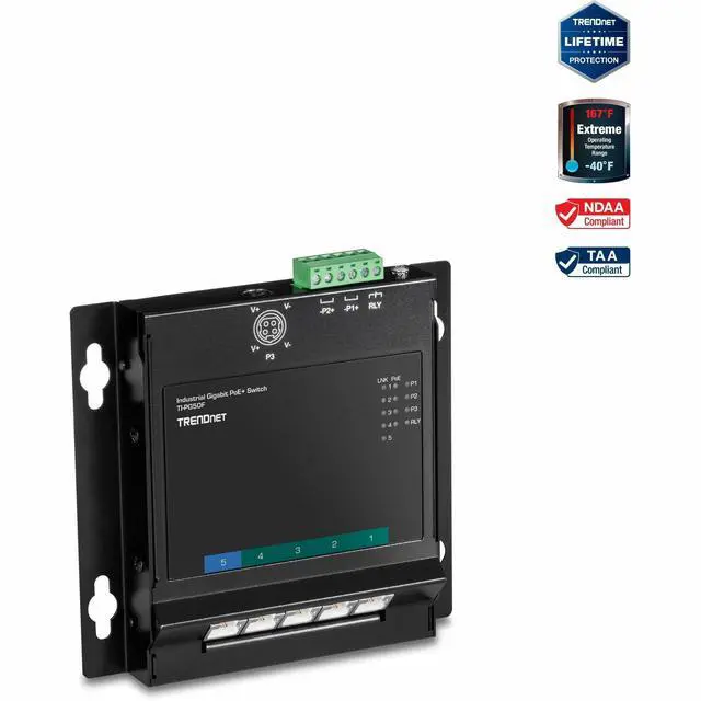 TRENDnet 5-Port Industrial Gigabit PoE+ Wall-Mounted Front Access Switch 5X Gigabit PoE+ Ports DIN-Rail Mount 48 -57V DC Power Input IP30 120W PoE Budget TI-PG50F