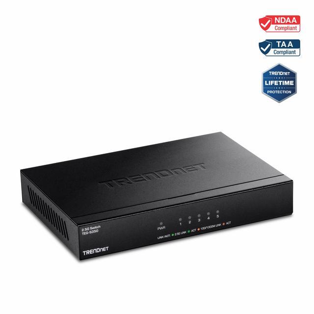 TRENDnet 5-Port Unmanaged 2.5G Gaming Switch TEG-S350 5 X 2.5GBase-T Ports 25Gbps Switching Capacity Ethernet Splitter NDAA & TAA Compliant Fanless Wall Mountable Lifetime Protection Black