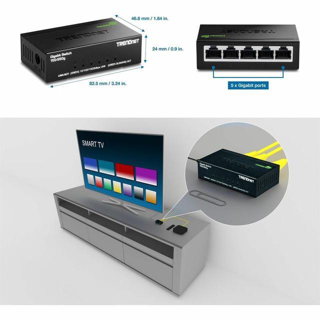 TRENDnet 5-Port Unmanaged Gigabit GREENnet Desktop Metal Switch Ethernet-Network Switch 5 X Gigabit Ports Fanless 10 Gbps Switching Fabric Lifetime Protection Black TEG-S50g
