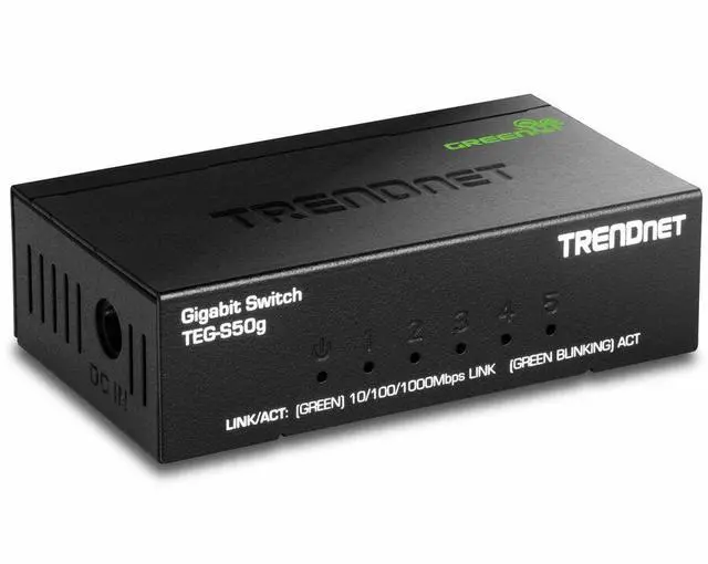 TRENDnet 5-Port Unmanaged Gigabit GREENnet Desktop Metal Switch Ethernet-Network Switch 5 x Gigabit Ports Fanless 10 Gbps Switching Fabric Lifetime Protection Black TEG-S50g
