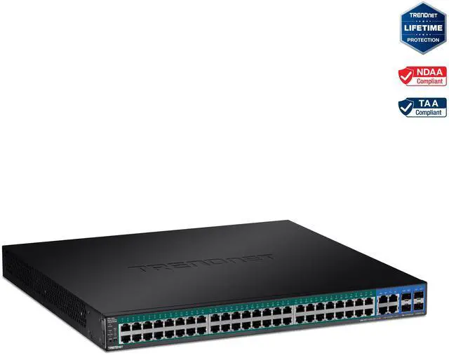 TRENDnet 52-Port Gigabit Web Smart PoE+ Switch 48 Gigabit PoE+ Ports 4 Shared Gigabit Ports (RJ-45 Or SFP) 370W PoE Power Budget 104Gbps Switching Capacity Lifetime Protection Black TPE-5240WS
