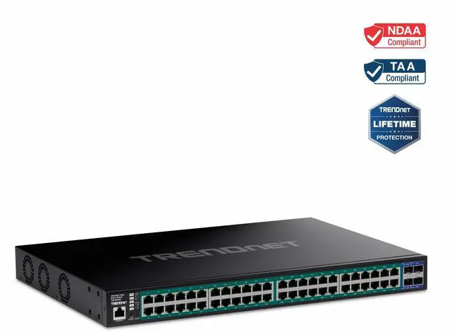 TRENDnet 52-Port Gigabit Web Smart PoE+ Switch with 10G SFP+ Ports TPE-3524S 48 x Gigabit PoE+ Ports 4 x 10G SFP+ Ports 410W PoE Power Budget Lifetime Protection Black