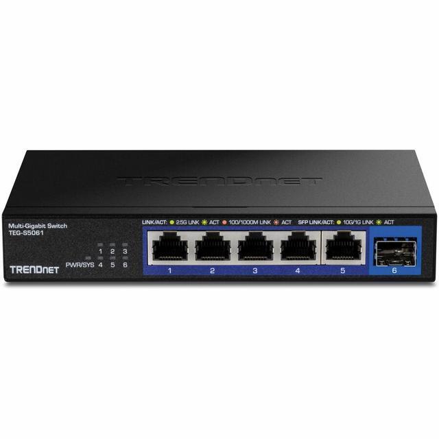 TRENDnet 6-Port 2.5G Unmanaged Switch With 10G SFP+ Port 5 Ports - 2.5 Gigabit Ethernet 10 Gigabit Ethernet - 2.5GBase-T 10GBase-X - 2 Layer Supported - Modular - 9.50 W Power Consumption - Twisted