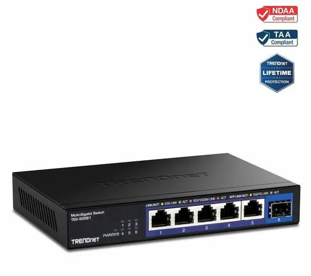 TRENDnet 6-Port 2.5G Unmanaged Switch with 10G SFP+ Port 5 Ports - 2.5 Gigabit Ethernet 10 Gigabit Ethernet - 2.5GBase-T 10GBase-X - 2 Layer Supported - Modular - 9.50 W Power Consumption - Twisted