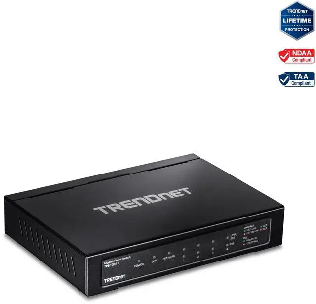 TRENDnet 6-port Gigabit Poe+ Switch TPE-TG611 4 X Gigabit Poe+ Ports 1 X Gigabit Port 1 X SFP Slot Supports 100/1000Base-FX Fiber SFP Modules Ethernet Desktop Network Switch
