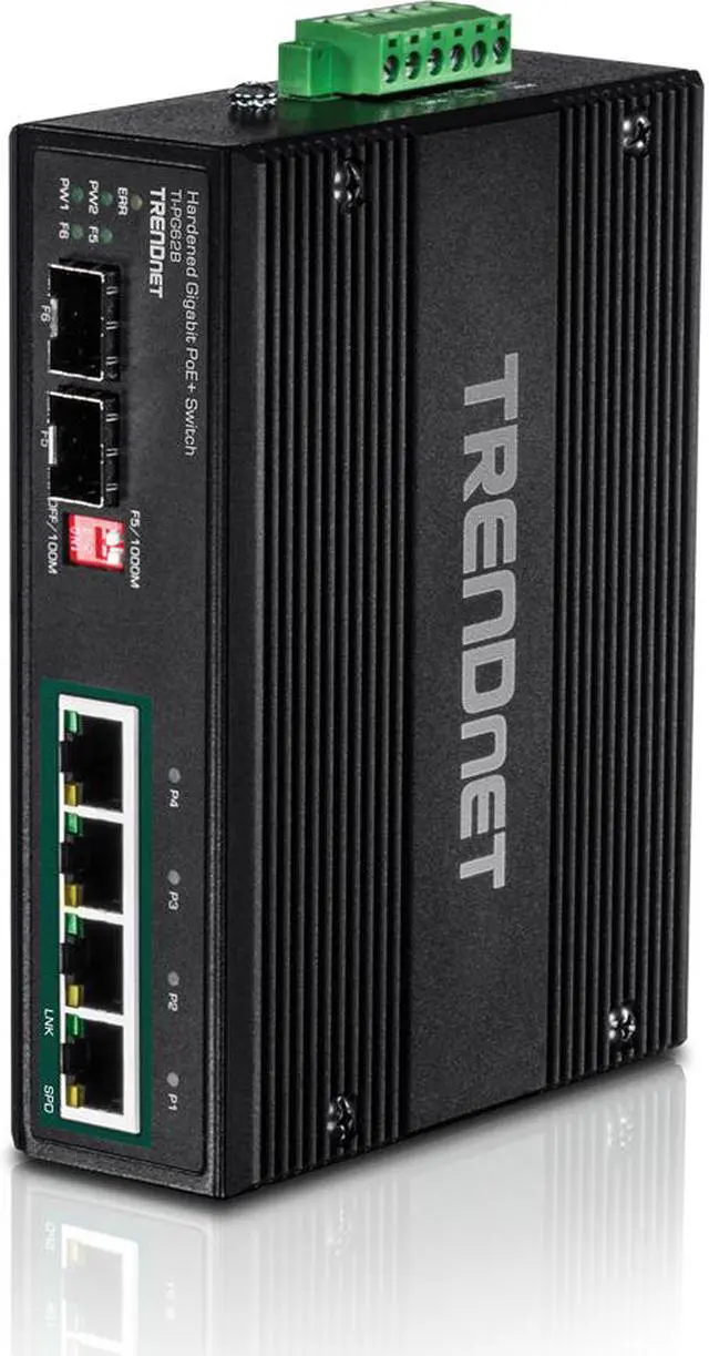 TRENDnet 6-Port Hardened Industrial Unmanaged Gigabit 10/100/1000Mbps DIN-Rail Switch 4 x Gigabit PoE+ Ports 2 x Dedicated SFP Slots TI-PG62B