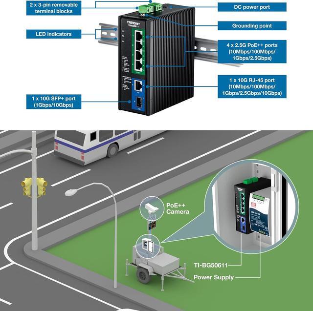 TRENDnet 6-Port Industrial 2.5G PoE++ DIN-Rail Switch With 10G Ports TI-BG50611 Multi-Gigabit 4 X 2.G PoE++ Ports 1 X 10G RJ-45 Port 1 X 10G SFP+ Port Lifetime Protection Black