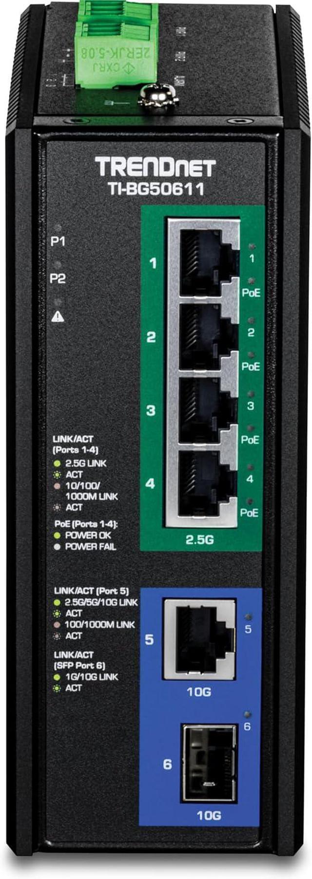 TRENDnet 6-Port Industrial 2.5G PoE++ DIN-Rail Switch With 10G Ports TI-BG50611 Multi-Gigabit 4 X 2.G PoE++ Ports 1 X 10G RJ-45 Port 1 X 10G SFP+ Port Lifetime Protection Black