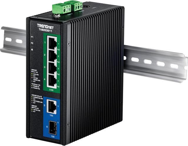 TRENDnet 6-Port Industrial 2.5G PoE++ DIN-Rail Switch With 10G Ports TI-BG50611 Multi-Gigabit 4 X 2.G PoE++ Ports 1 X 10G RJ-45 Port 1 X 10G SFP+ Port Lifetime Protection Black