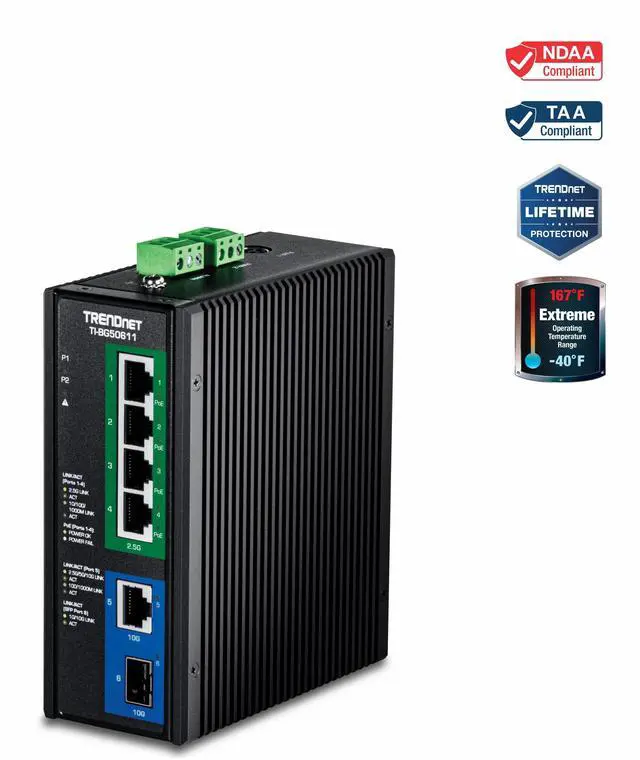 TRENDnet 6-Port Industrial 2.5G PoE++ DIN-Rail Switch with 10G Ports TI-BG50611 Multi-Gigabit 4 x 2.G PoE++ Ports 1 x 10G RJ-45 Port 1 x 10G SFP+ Port Lifetime Protection Black