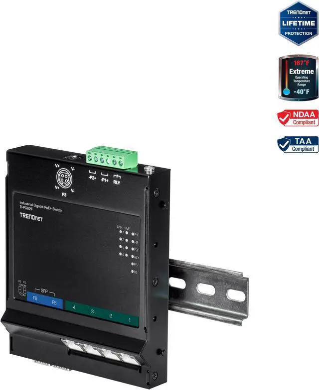 TRENDnet 6-Port Industrial Gigabit PoE+ Wall-Mounted Front Access Switch TI-PG62F 4 x Gigabit PoE+ Ports 2 x Gigabit SFP Slots DIN-Rail Wall Mount Brackets Included IP30 120W PoE Budget