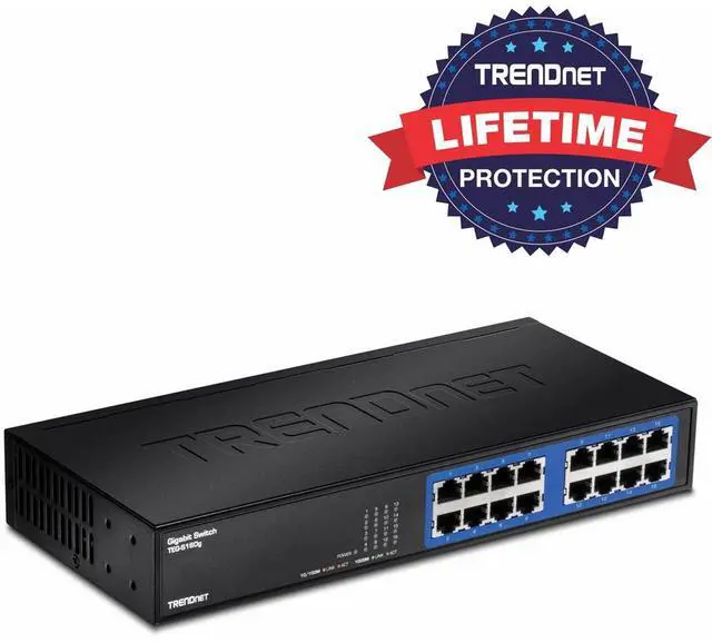 TRENDnet 6-Port Unmanaged Gigabit GREENnet Desktop Metal Switch Ethernet-Network Switch 16 x 10-100-1000 RJ-45 Ports 32 Gbps Forwarding Capacity Lifetime Protection Black TEG-S16DG