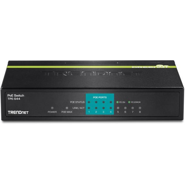 TRENDnet 8-Port 10/100Mbps PoE Switch 4 X 10/100 Ports 4 X 10/100 PoE Ports 30W PoE Power Budget 1.6 Gbps Switching Capacity 802.3af Lifetime Protection Black TPE-S44