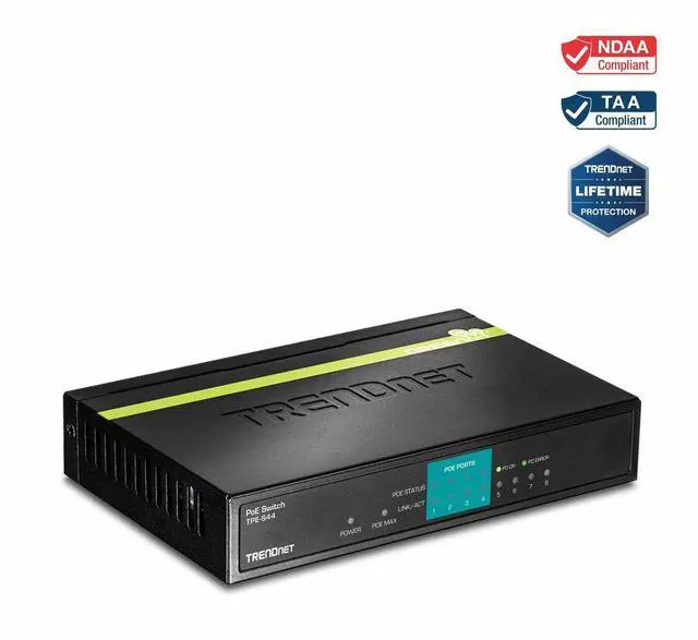 TRENDnet 8-Port 10/100Mbps PoE Switch 4 x 10/100 Ports 4 x 10/100 PoE Ports 30W PoE Power Budget 1.6 Gbps Switching Capacity 802.3af Lifetime Protection Black TPE-S44