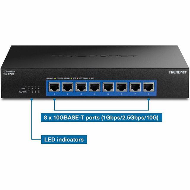 TRENDnet 8-Port 10G Switch TEG-S708 8 X 10G RJ-45 Ports 160Gbps Switching Capacity Rack Mountable Ethernet Splitter NDAA & TAA Compliant Lifetime Protection Black