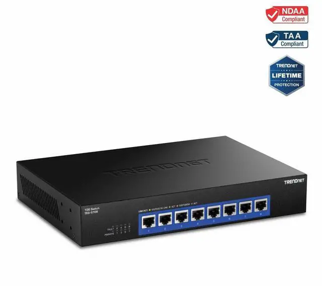 TRENDnet 8-Port 10G Switch TEG-S708 8 x 10G RJ-45 Ports 160Gbps Switching Capacity Rack mountable Ethernet Splitter NDAA & TAA Compliant Lifetime Protection Black