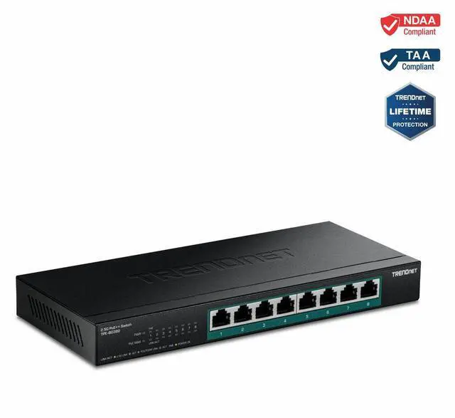 TRENDnet 8-Port 2.5G PoE++ Switch TPE-BG380 8 x 2.5GB PoE++ Ports 230W Poe Power Budget 40Gbps Switching Capacity NDAA + TAA Compliant Lifetime TRENDnet Protection