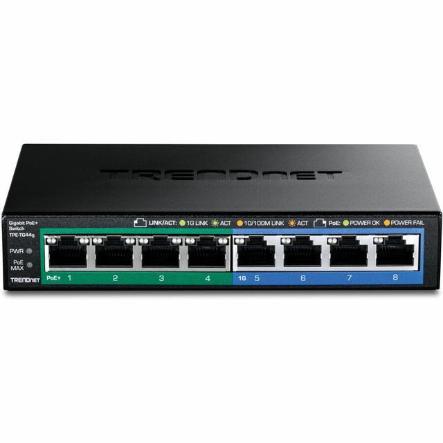 TRENDnet 8-Port Gigabit GREENnet PoE+ Switch 4 X Gigabit PoE-PoE+ Ports 4 X Gigabit Ports 61W Power Budget 16 Gbps Switch Capacity Ethernet Unmanaged Switch Black TPE-TG44G
