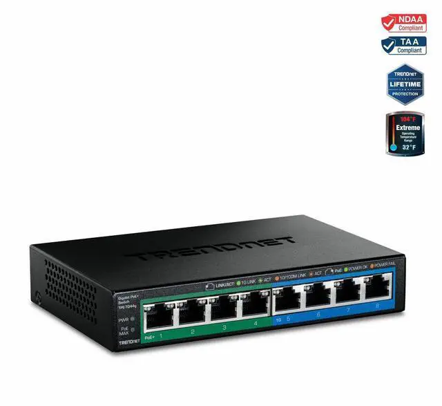TRENDnet 8-Port Gigabit GREENnet PoE+ Switch 4 x Gigabit PoE-PoE+ Ports 4 x Gigabit Ports 61W Power Budget 16 Gbps Switch Capacity Ethernet Unmanaged Switch Black TPE-TG44G