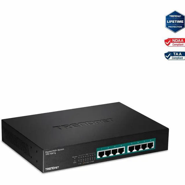 TRENDnet 8-Port Gigabit GREENnet PoE+ Switch TPE-TG81g 8 x Gigabit PoE+ Ports Rack Mountable Up to 30 W Per Port with 110 W Total Power Budget Ethernet Network Switch Metal Lifetime Protection