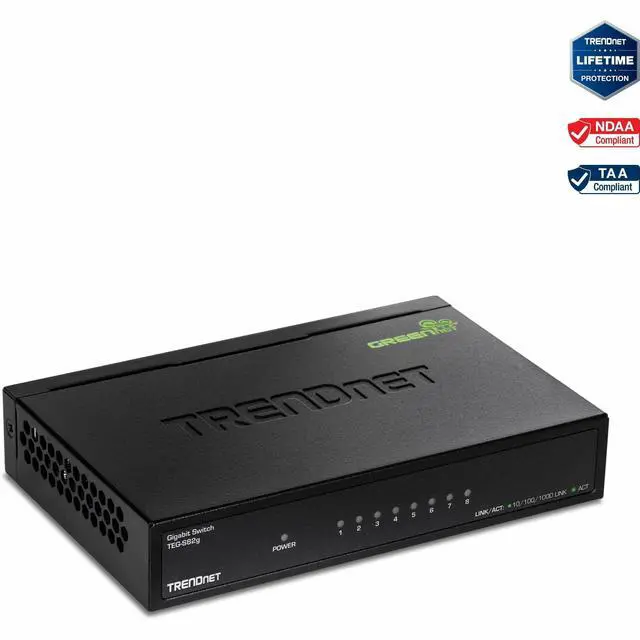 TRENDnet 8-Port Gigabit GREENnet Switch Ethernet Network Switch 8 x 10-100-1000 Mbps Gigabit Ethernet Ports 16 Gbps Switching Capacity Metal Lifetime Protection Black TEG-S82G