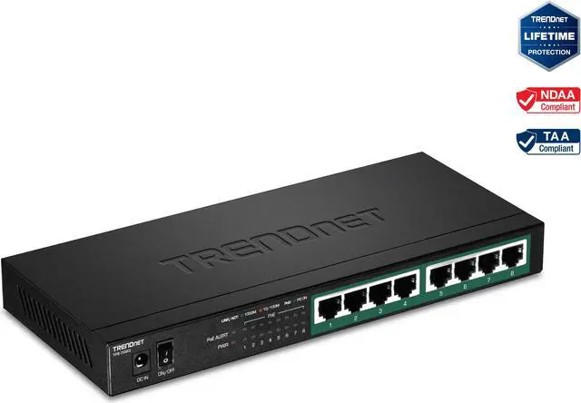 TRENDnet 8-Port Gigabit PoE+ Switch 65W PoE Power Budget 16Gbps Switching Capacity IEEE 802.1p QoS DSCP Pass-Through Support Fanless Wall Mountable Lifetime Protection Black TPE-TG83