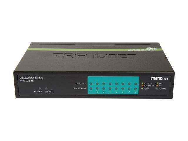 TRENDnet 8-Port GREENnet Gigabit PoE+ Switch Supports PoE And PoE+ Devices 61W PoE Budget 16Gbps Switching Capacity Data & Power Via Ethernet To PoE Access Points & IP Cameras Black TPE-TG82G
