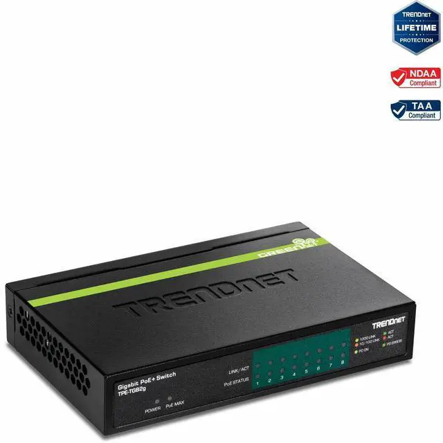 TRENDnet 8-Port GREENnet Gigabit PoE+ Switch Supports PoE And PoE+ Devices 61W PoE Budget 16Gbps Switching Capacity Data & Power Via Ethernet To PoE Access Points & IP Cameras Black TPE-TG82G
