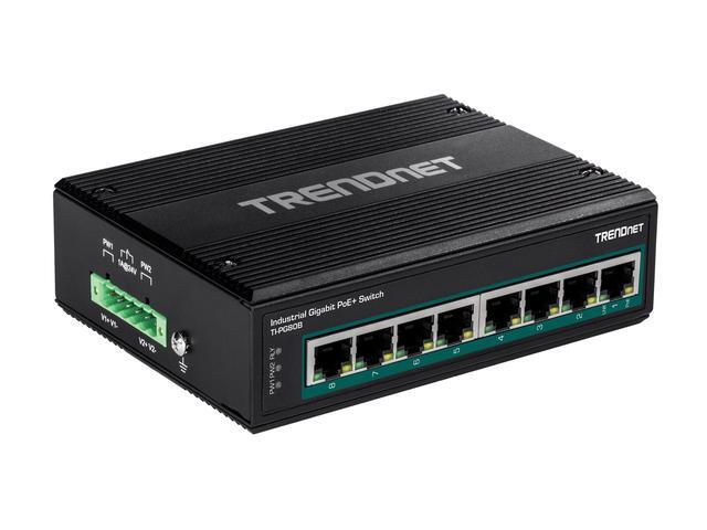 TRENDnet 8-Port Hardened Industrial Unmanaged Gigabit 10/100/1000Mbps DIN-Rail Switch W/ 8 X Gigabit PoE+ Ports TI-PG80B 24 - 56V DC Power Inputs With Overload Protection
