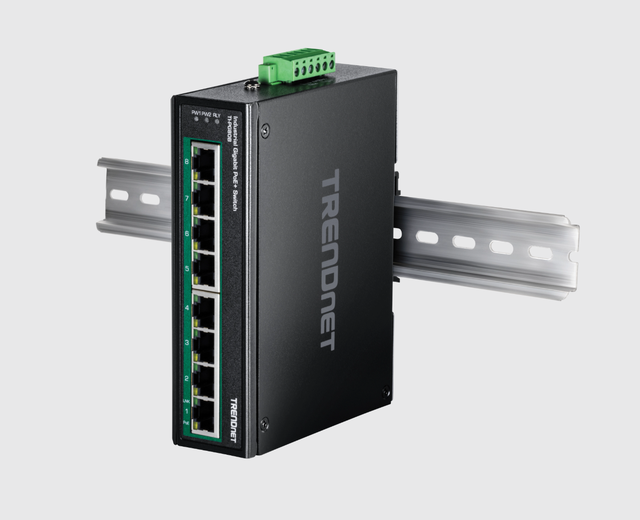 TRENDnet 8-Port Hardened Industrial Unmanaged Gigabit 10/100/1000Mbps DIN-Rail Switch W/ 8 X Gigabit PoE+ Ports TI-PG80B 24 - 56V DC Power Inputs With Overload Protection