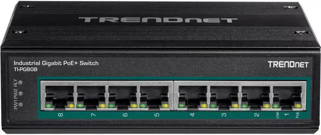 TRENDnet 8-Port Hardened Industrial Unmanaged Gigabit 10/100/1000Mbps DIN-Rail Switch w/ 8 x Gigabit PoE+ Ports TI-PG80B 24 - 56V DC Power inputs with Overload Protection