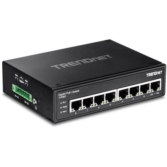 TRENDnet 8-Port Industrial Gigabit PoE+ DIN-Rail Switch TI-PG80 8 X Gigabit PoE+ Ports 200W PoE Power Budget 16Gbps Switching Capacity NDAA TAA Compliant Lifetime Protection