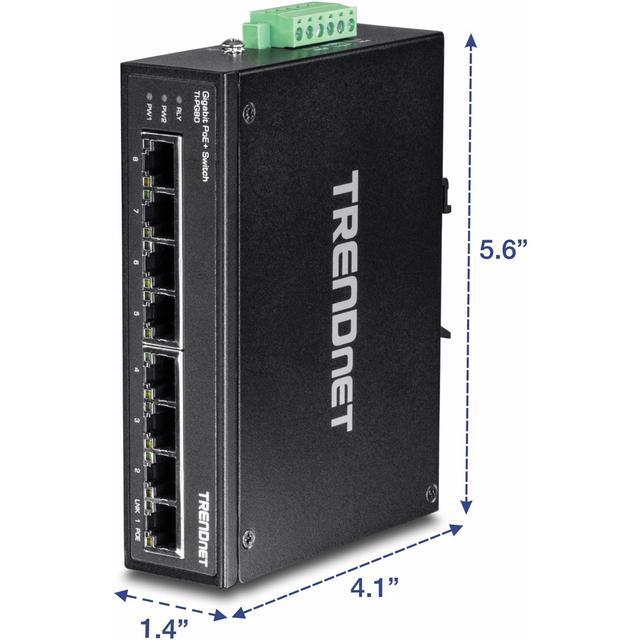 TRENDnet 8-Port Industrial Gigabit PoE+ DIN-Rail Switch TI-PG80 8 X Gigabit PoE+ Ports 200W PoE Power Budget 16Gbps Switching Capacity NDAA TAA Compliant Lifetime Protection