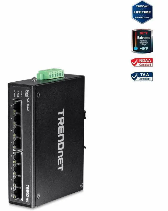 TRENDnet 8-Port Industrial Gigabit PoE+ DIN-Rail Switch TI-PG80 8 x Gigabit PoE+ Ports 200W PoE Power Budget 16Gbps Switching Capacity NDAA TAA Compliant Lifetime Protection