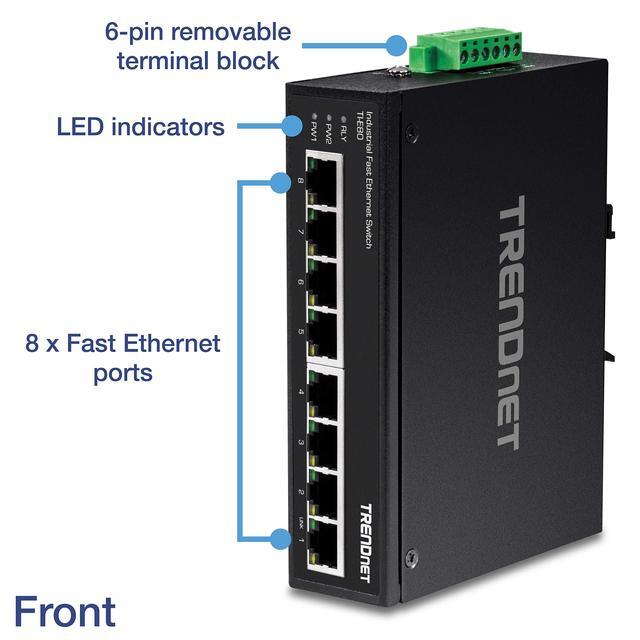 TRENDnet 8-Port Industrial Unmanaged Fast Ethernet DIN-Rail Switch; TI-E80 8 X Fast Ethernet Ports; 1.6Gbps Switching Capacity;8 Port Network Fast Ethernet Switch;IP30 Metal Switch;Lifetime Protection